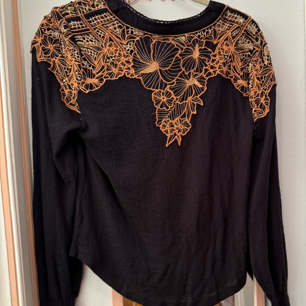 Free People Black and Tan Embroidered Top - Picture 2 of 3